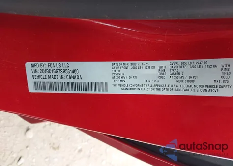 2025 Chrysler Pacifica Select from USA, damaged, VIN 2C4RC1BG7SR531400